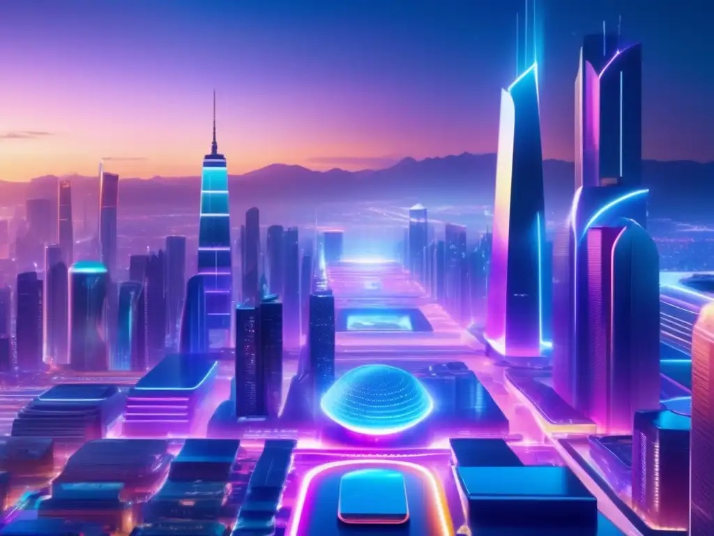 Futurista ciudad holográfica Beneficios de blockchain en ecommerce: ciudad futurista, transacciones transparentes, tecnología avanzada