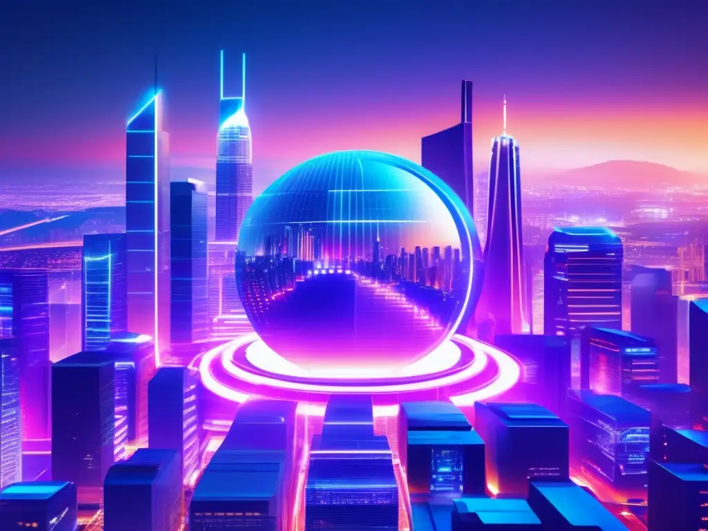 Futuro de crowdfunding con blockchain Beneficios del blockchain en crowdfunding: Ciudad futurista con rascacielos, tecnología y transparencia