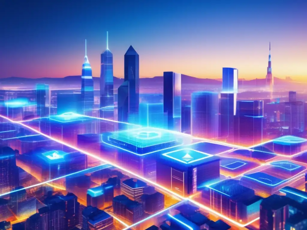 Futuro de la financiación: Blockchain y crowdfunding Beneficios del blockchain en crowdfunding: Ciudad futurista y transparente, redes de datos interconectadas con eficiencia y seguridad