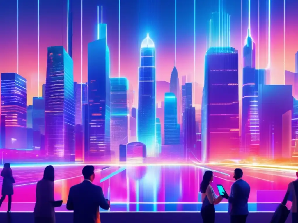 Ciudad futurista con blockchain y crowdfunding Beneficios del blockchain en crowdfunding: Ciudad futurista, transparencia y eficiencia en proceso de crowdfunding con diversidad de usuarios