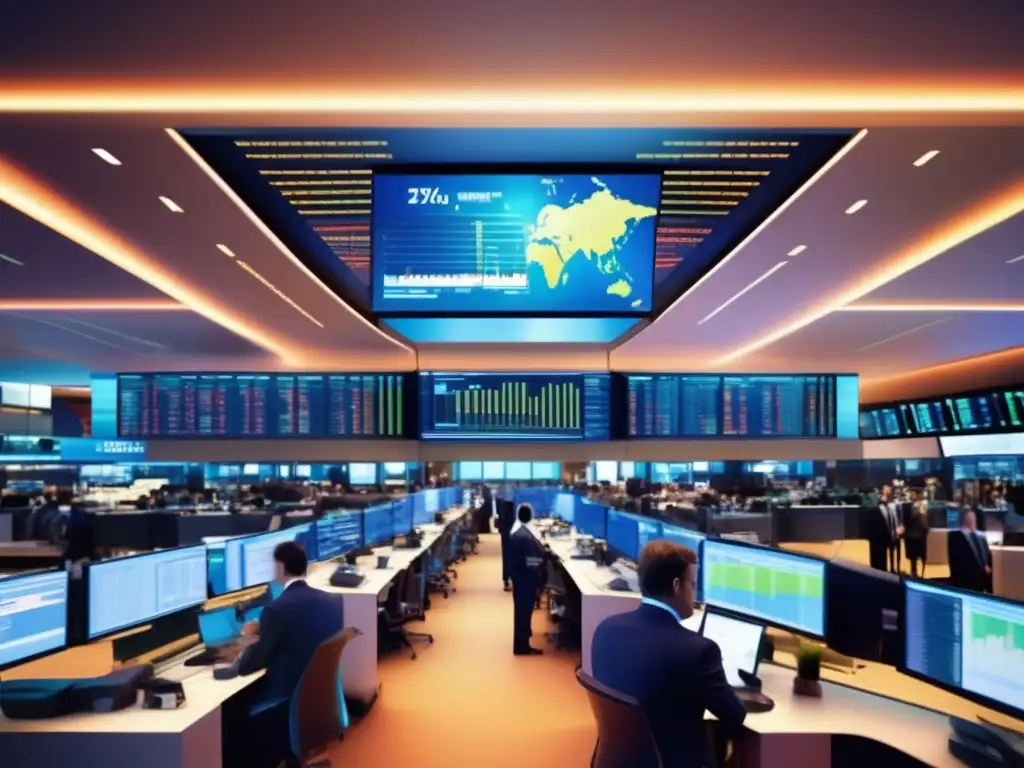Traders en bolsa de valores Beneficios de invertir en Bolsa para impacto social: trading floor vibrante y dinámico, con traders en trajes elegantes y actividad frenética