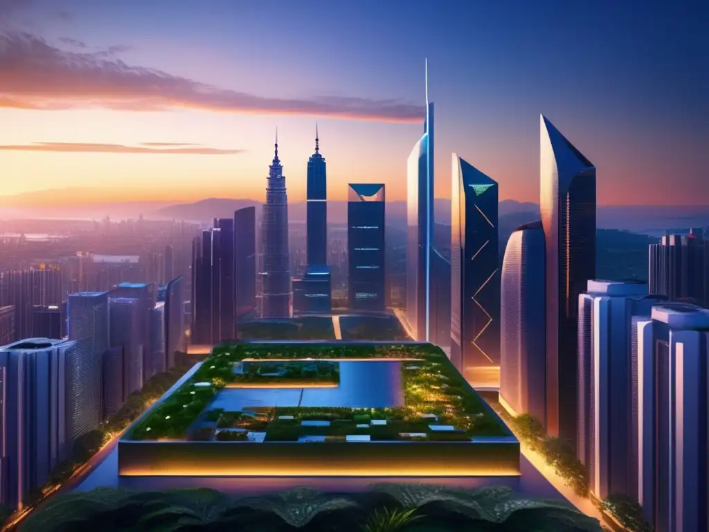 Ciudad futurista sostenible al atardecer Beneficios de bonos verdes: Ciudad moderna y sostenible con rascacielos, jardines verticales y vehículos eléctricos