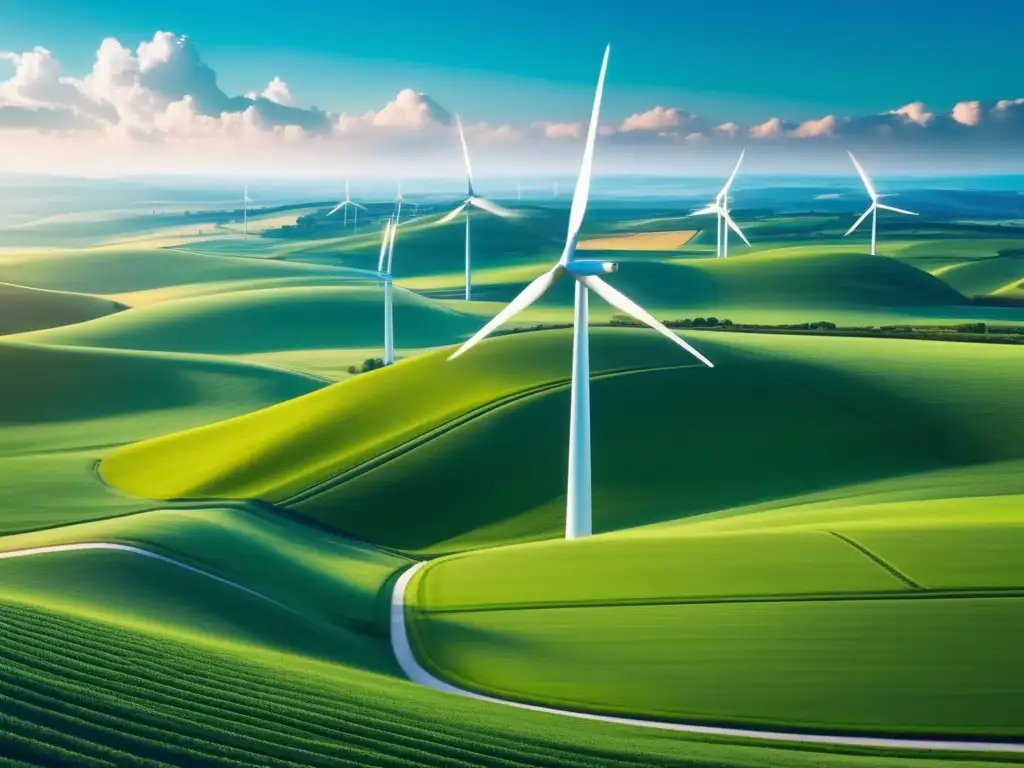Energía renovable y naturaleza en armonía Beneficios bonos verdes en energías renovables: paisaje soleado con campos verdes infinitos, aerogeneradores futuristas y cielo azul con nubes blancas