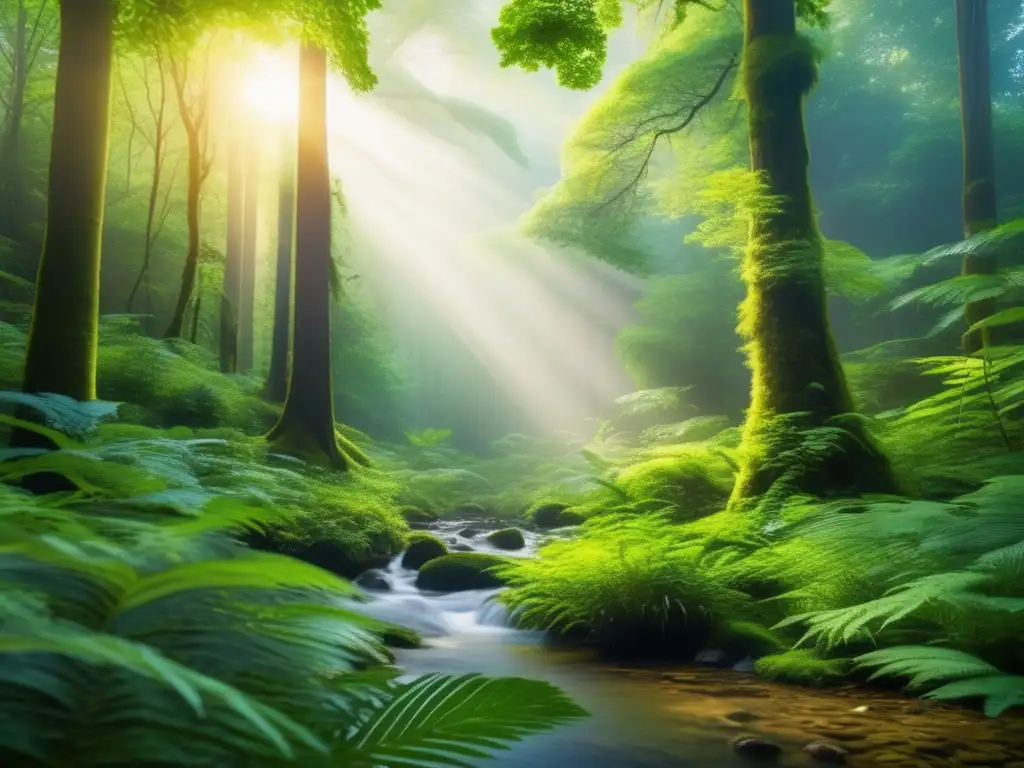 Bosque verde exuberante con diversa vida vegetal Beneficios de invertir en bonos verdes: Bosque exuberante con árboles altos y diversidad de plantas, creando un ecosistema vibrante