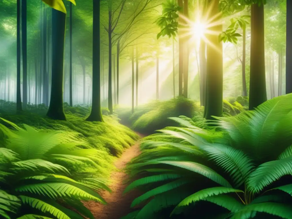 Bosque exuberante: serenidad y abundancia Beneficios bonos verdes: Bosque exuberante en 8k, rayos de sol dorados, serenidad y abundancia de la naturaleza