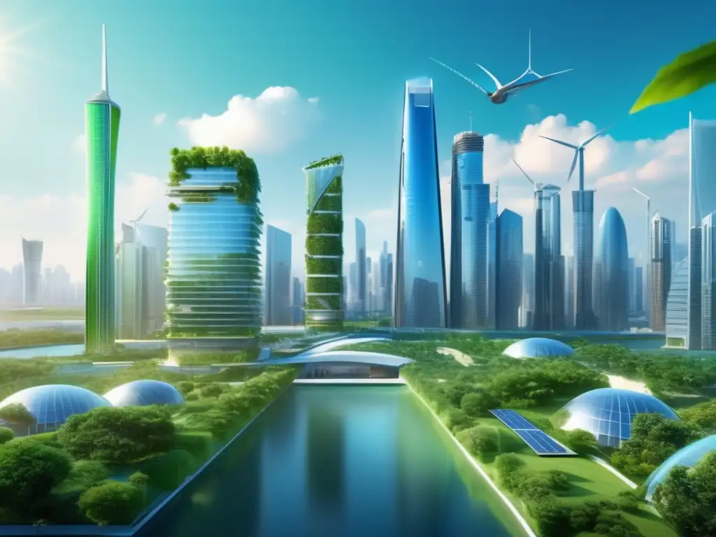 Futurista ciudad sostenible con rascacielos verdes Beneficios de los bonos verdes: Futurista ciudad sostenible con rascacielos ecológicos, jardines verticales y transporte verde
