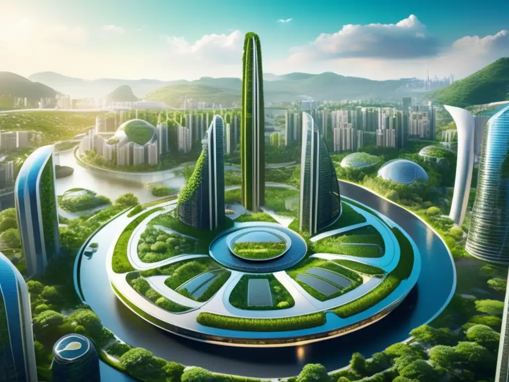 Futuro ecológico: ciudad circular Beneficios bonos verdes: Futurista ciudad circular con edificios modernos integrados con la naturaleza, energías renovables y transporte limpio