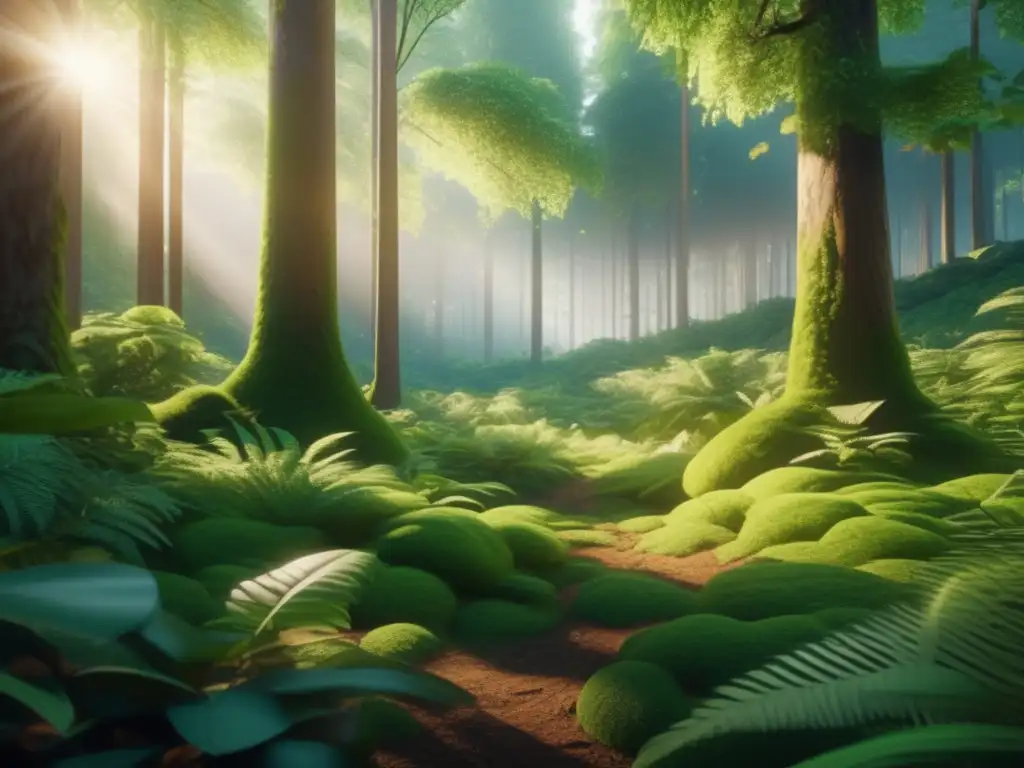 Bosque exuberante con árboles altos y un vibrante ecosistema Beneficios de los bonos verdes: Imagen impactante de 8K mostrando un exuberante bosque verde con árboles altos y un ecosistema vibrante