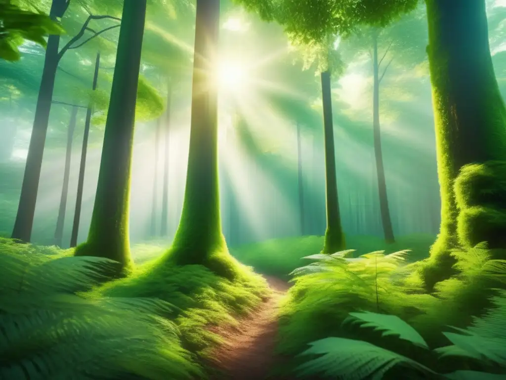 Bosque verde exuberante con árboles majestuosos Beneficios bonos verdes: increíble imagen bosque verde 8k, vitalidad y sostenibilidad