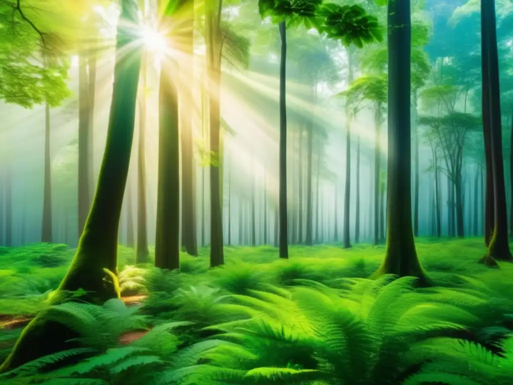 Bosque verde exuberante: inspiración para invertir en bonos verdes Beneficios de invertir en bonos verdes: majestuoso bosque verde con árboles altos y vibrantes sombras