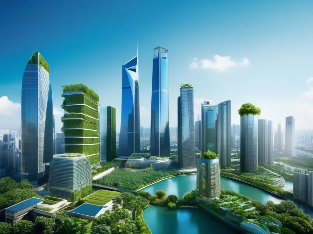 Ciudad sostenible con rascacielos verdes Beneficios de invertir en bonos verdes: moderna ciudad con rascacielos sostenibles y certificaciones ambientales