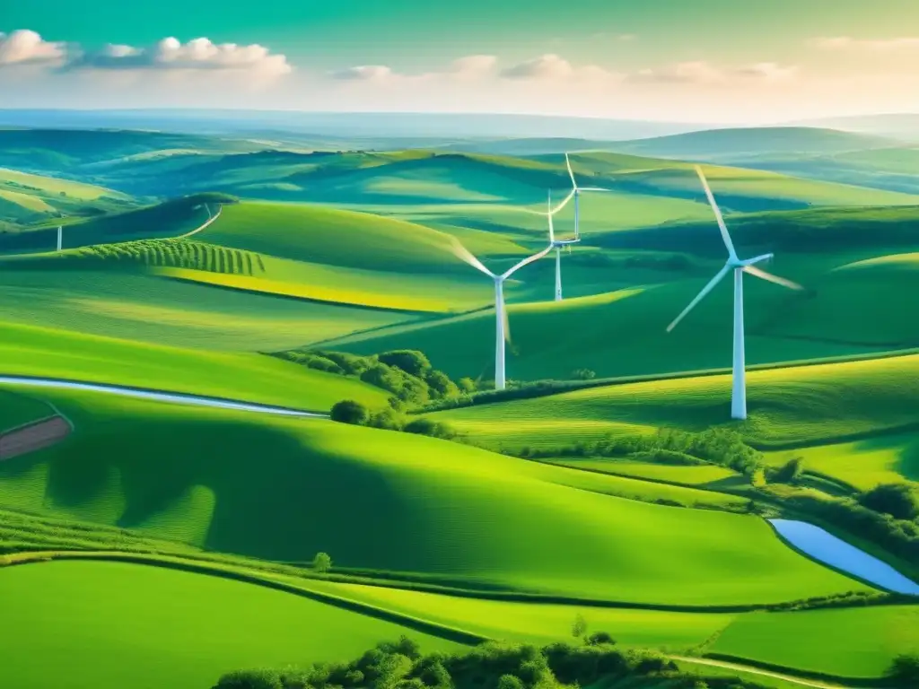 Paisaje verde y energía sostenible Beneficios de invertir en bonos verdes: paisaje panorámico con colinas verdes, molinos de viento y cielo sereno