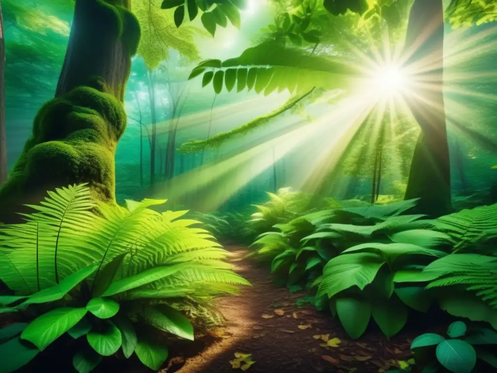 Bosque vibrante y sostenible Beneficios bonos verdes inversión sostenible: Bosque exuberante de 8k, vibrante y detallado, reflejo de la belleza serena de la naturaleza