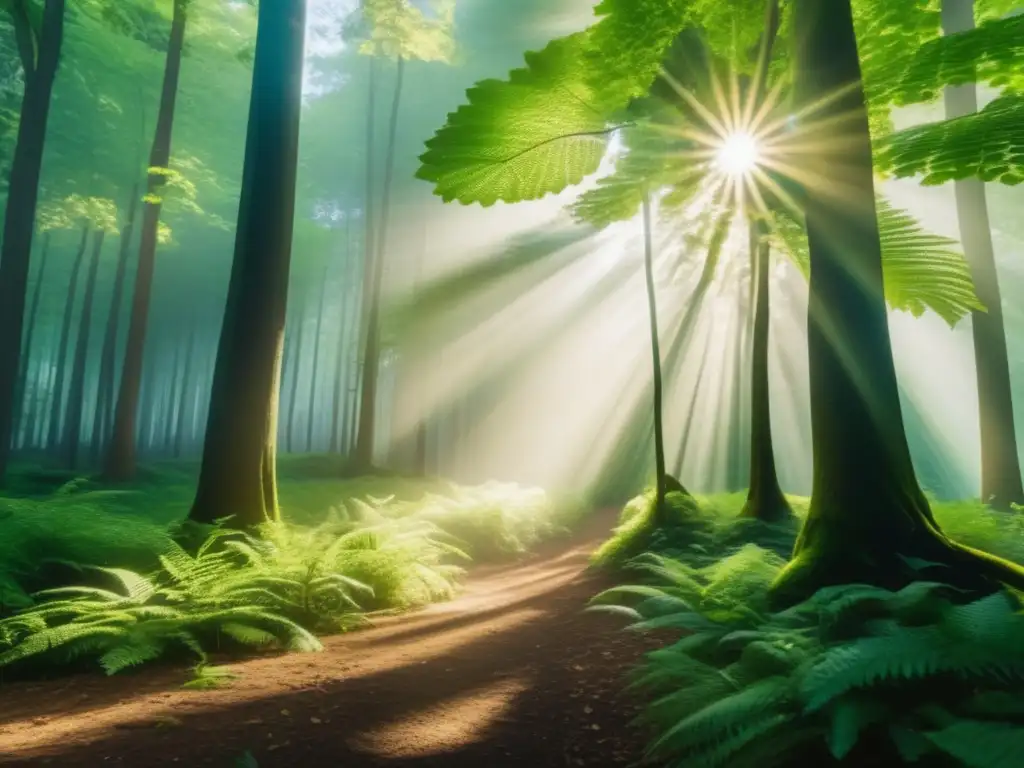 Bosque verde exuberante en 8k Beneficios bonos verdes inversión sostenible: Bosque verde exuberante, luz solar y armonía