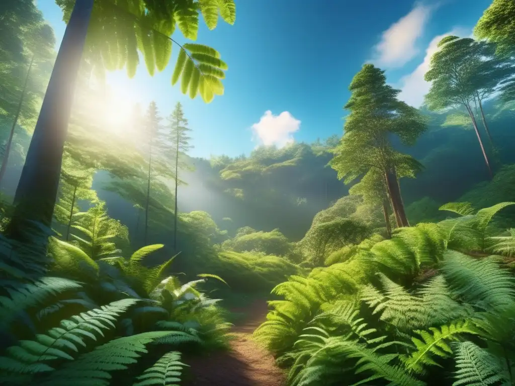 Bosque verde exuberante bajo cielo azul claro Beneficios bonos verdes: Bosque verde y saludable, naturaleza prístina y sostenibilidad