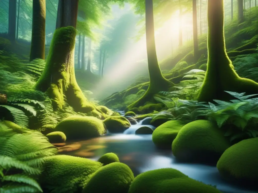 Bosque verde exuberante con árboles altos y sol filtrándose Beneficios de invertir en bonos verdes: Bosque verde exuberante, rayos de sol, musgo, arroyo cristalino