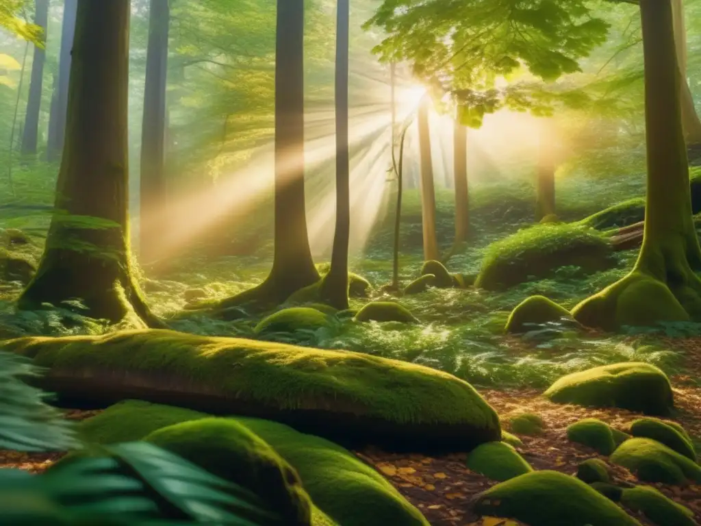 Bosque verde exuberante iluminado por el sol Beneficios de los bonos verdes: Bosque verde bañado en luz dorada