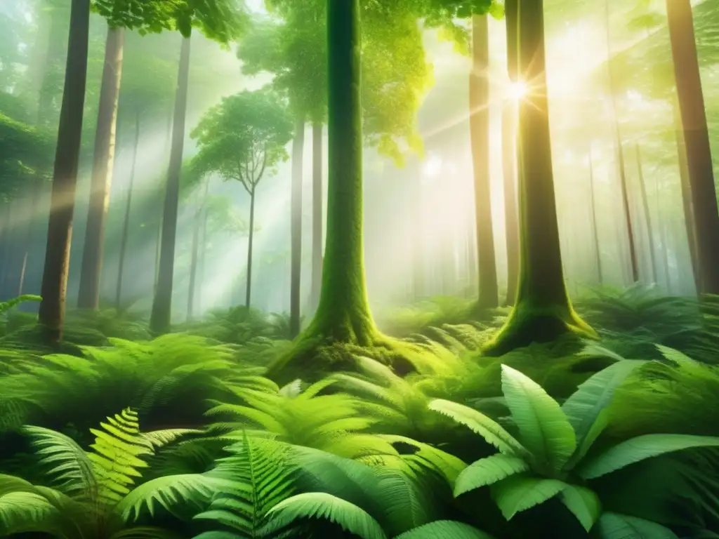 Bosque verde exuberante, armonía y preservación Beneficios de invertir en bonos verdes: bosque verde exuberante con árboles majestuosos y luz solar filtrándose entre el follaje