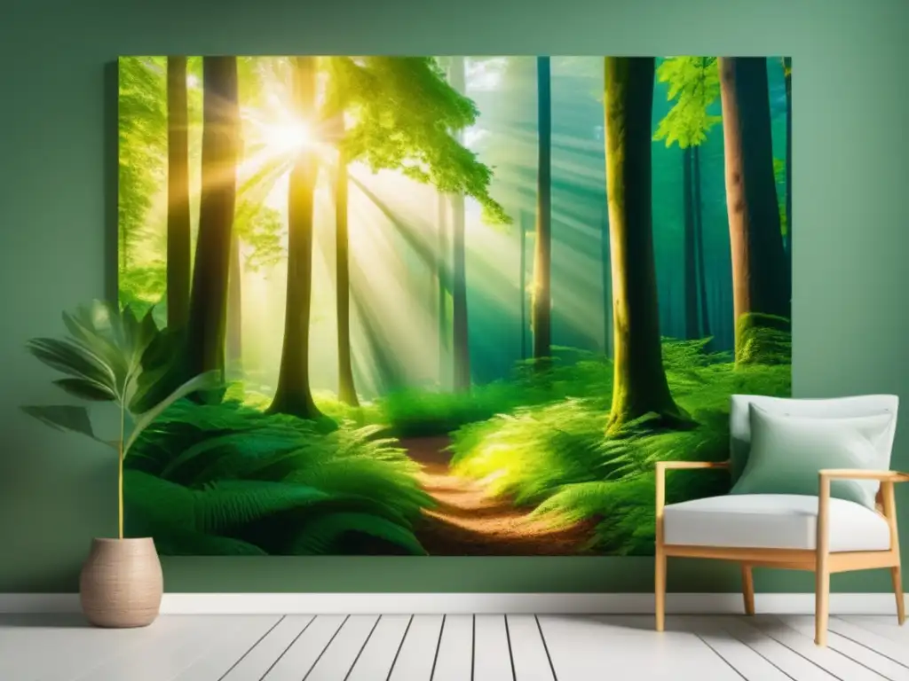 Bosque verde y luminoso, inspiración para inversiones verdes Beneficios de invertir en bonos verdes: Bosque verde exuberante iluminado por la suave luz dorada
