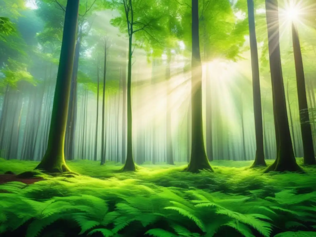 Bosque verde y vibrante para promover los bonos verdes Beneficios de invertir en bonos verdes: Bosque verde vibrante, símbolo de sostenibilidad y rentabilidad