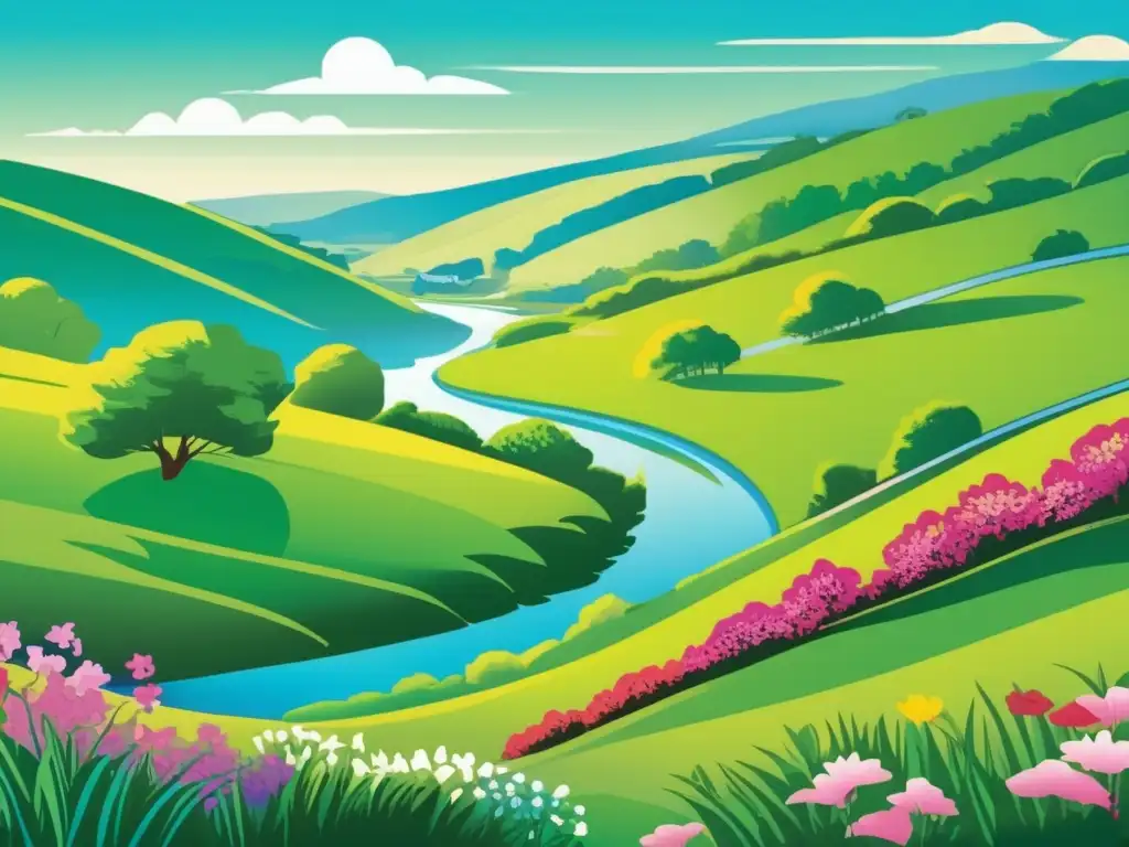 Paisaje verde y sereno con río y árboles majestuosos Beneficios de invertir en bonos verdes: ilustración vibrante de un paisaje verde con colinas, cielo azul y río serpenteante