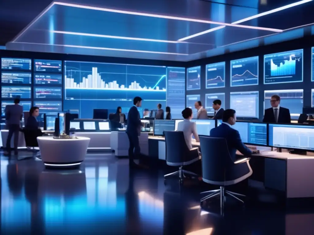 Trading floor futurista con robots y datos financieros Beneficios de los bots de inversión en un moderno y futurista piso de trading con traders y una avanzada tecnología financiera