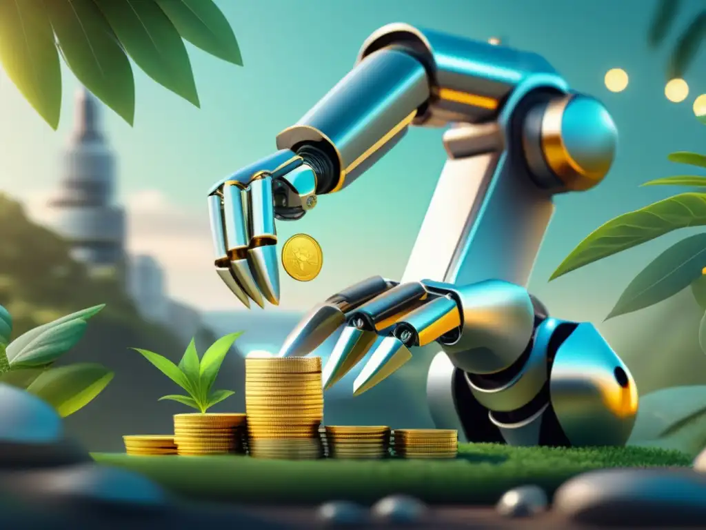 Paisaje financiero futurista con bot de inversión Beneficios de los bots de inversión en un paisaje financiero futurista con tecnología y naturaleza