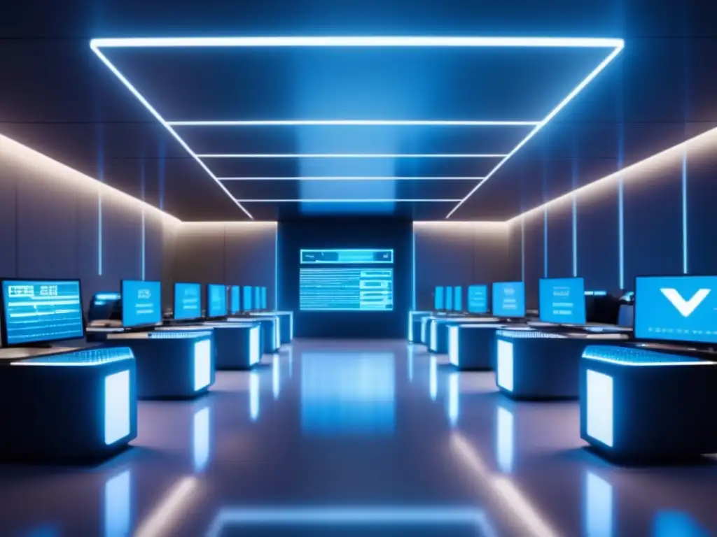 Traders modernos en sala de operaciones futurista Beneficios bots trading automatizado: Futurista sala trading con tecnología avanzada, traders en análisis y algoritmos