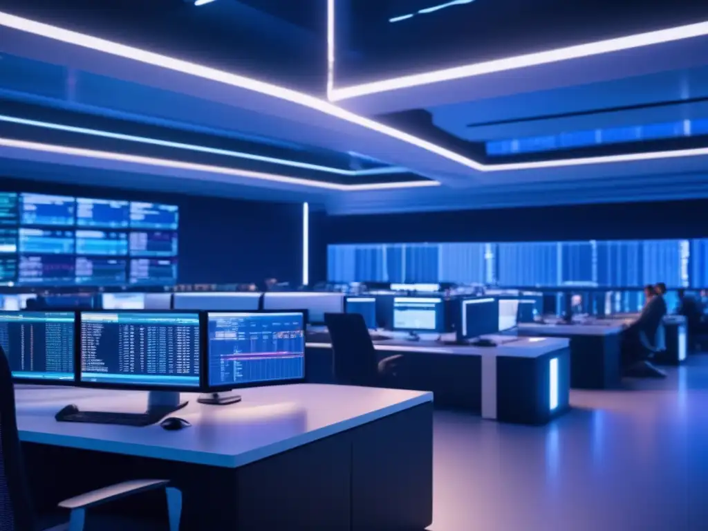 Traders en sala de operaciones futurista Beneficios bots de trading automatizado en futurista sala de operaciones con pantallas de alta tecnología y traders monitoreando datos en tiempo real