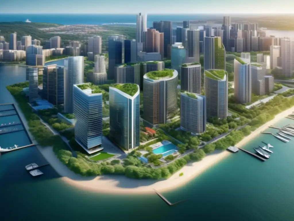 Diversificación de cartera inmobiliaria con vista aérea Beneficios diversificar cartera inmobiliaria: Vista aérea 8k muestra diversidad de propiedades, ciudad vibrante, naturaleza y prosperidad