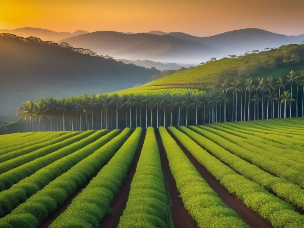 Plantación de caucho al atardecer Beneficios de invertir en caucho natural: planta de caucho al atardecer, con árboles alineados y vibrante vegetación