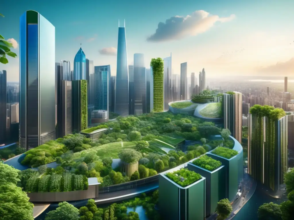 Skyline sostenible y moderno Beneficios de certificaciones financieras sostenibles en paisaje urbano sostenible reflejando crecimiento económico y responsabilidad ambiental