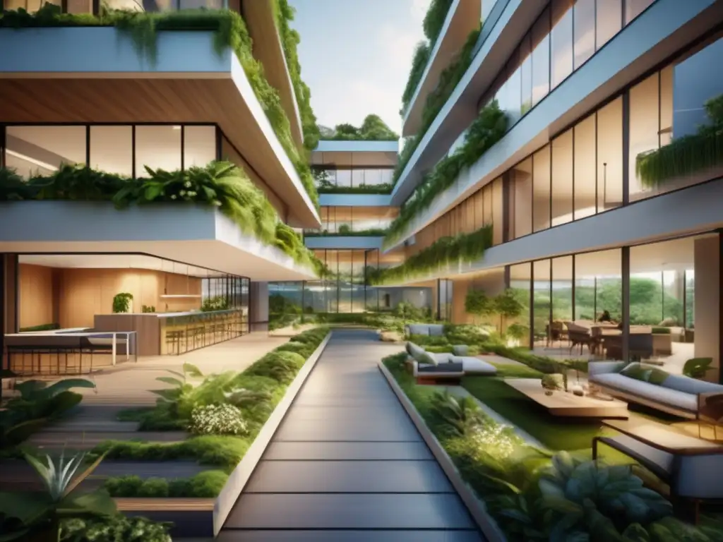 Edificio sostenible rodeado de vegetación Beneficios de certificaciones LEED en inversiones: edificio moderno, sostenible, verde y arquitectura innovadora