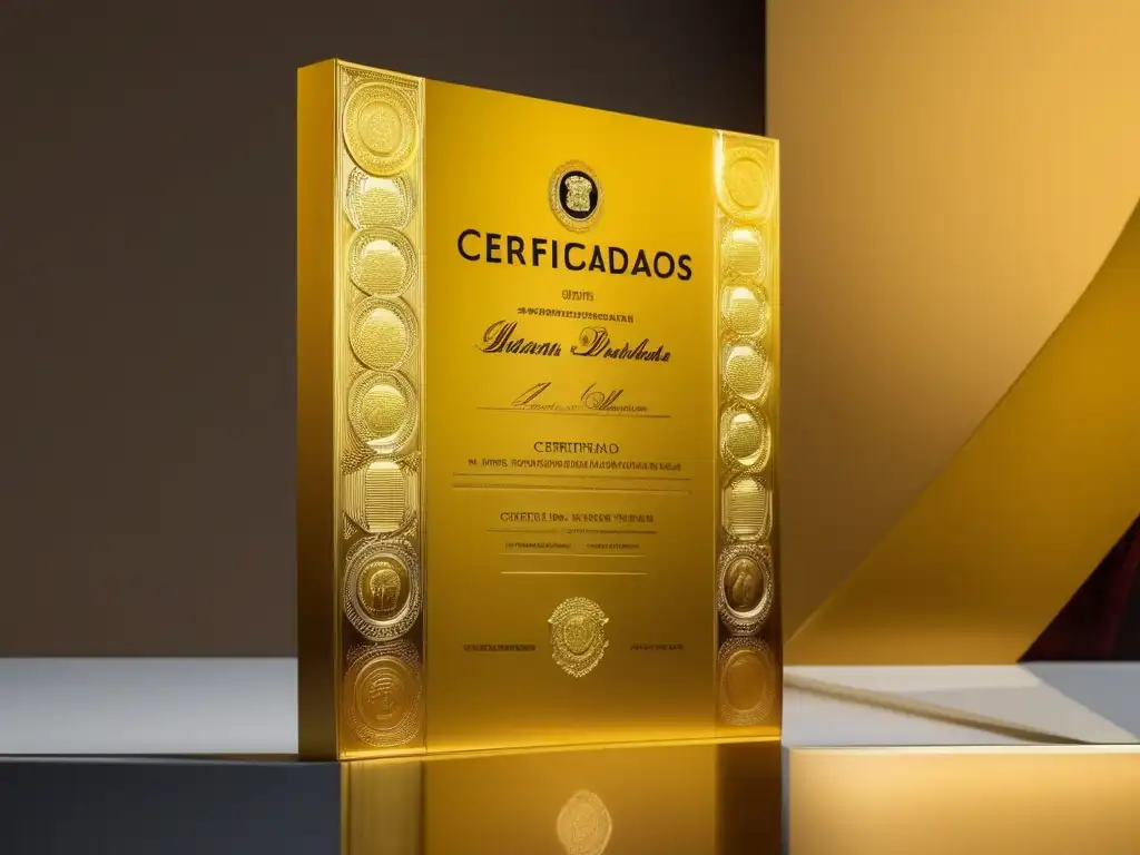 Certificados de Depósito dorados y elegantes Beneficios Certificados Depósito: Imagen cautivante muestra Certificados de Depósito dorados, reflejando riqueza y seguridad