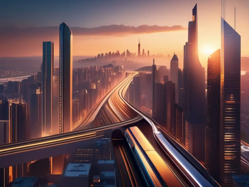 Ciudad futurista bañada en luz dorada Beneficios de invertir en 5G: una ciudad futurista bañada en luz dorada, con rascacielos altos y un eficiente sistema de transporte