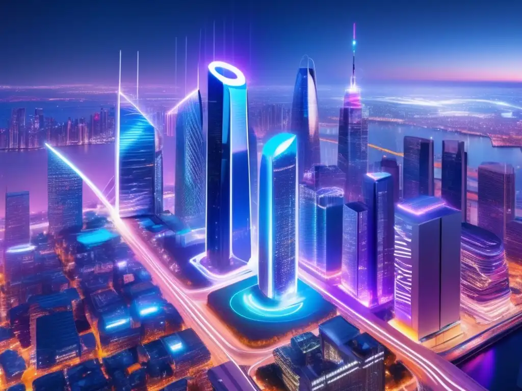 Ciudad futurista iluminada por 5G Beneficios de invertir en 5G: Ciudad futurista con conectividad 5G, rascacielos iluminados y vehículos autónomos