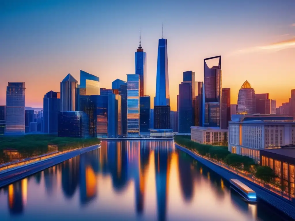 Skyline urbano al atardecer, representando inversiones en REITs Beneficios invertir en REITs: Ciudad nocturna con rascacielos modernos, arquitectura diversa y potencial de crecimiento