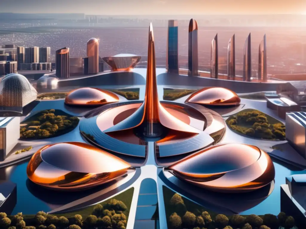 Ciudad futurista con energía renovable Beneficios invertir en cobre en energías renovables: ciudad futurista con edificios modernos, energía renovable y escultura de cobre