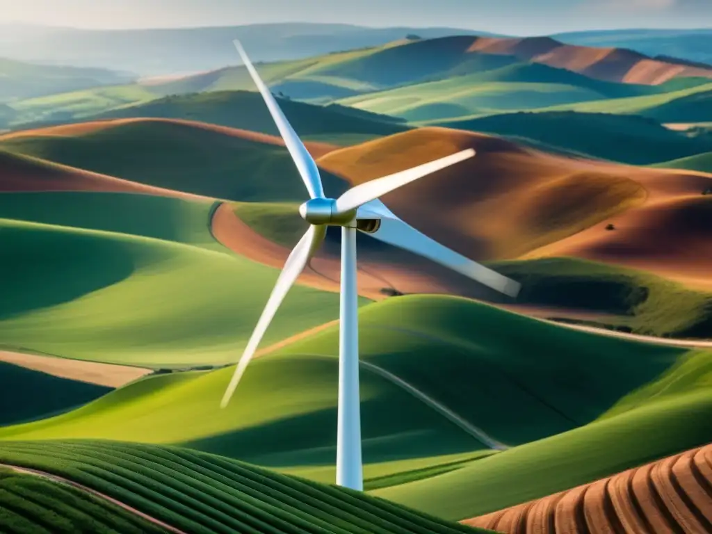 Inversiones en cobre para energía renovable Beneficios invertir en cobre en energías renovables: imagen 8k muestra paisaje panorámico, aerogenerador moderno y detalle de componentes metálicos