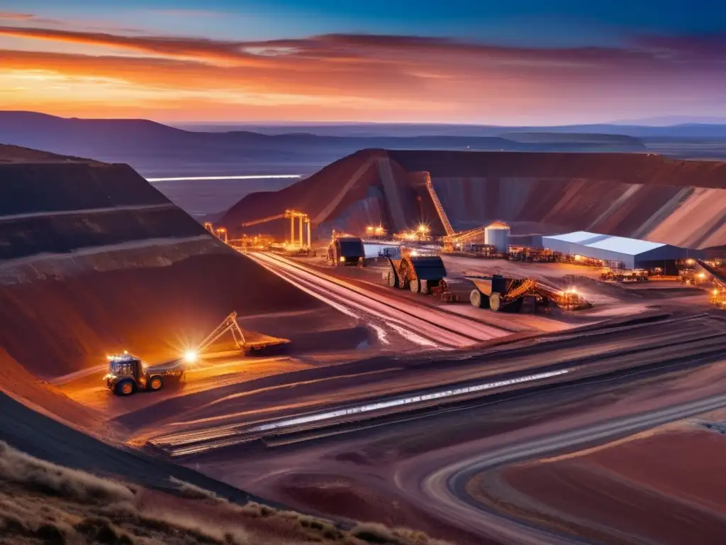 Mina de cobre industrial al atardecer Beneficios de invertir en cobre en energías renovables: mina de cobre industrial con detalles impresionantes y paisaje de atardecer