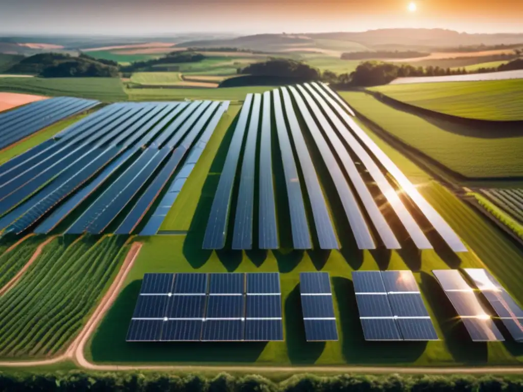 Granja solar futurista rodeada de campos verdes Beneficios de invertir en cobre en energías renovables: Una impresionante imagen en 8k que muestra una futurista granja solar rodeada de exuberantes campos verdes