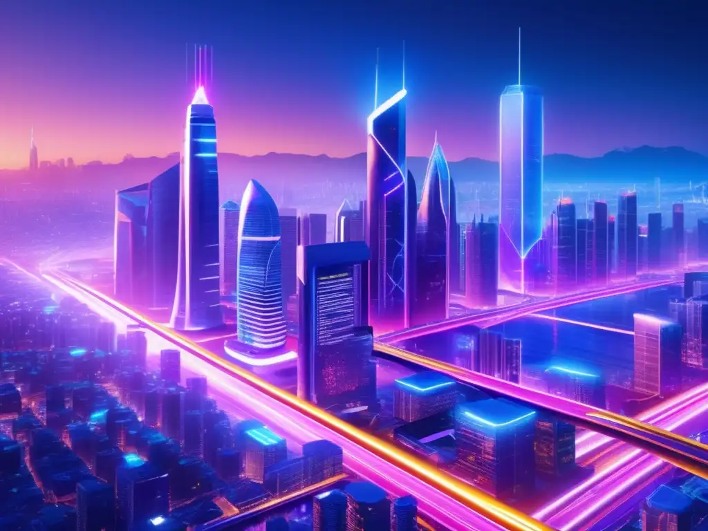 Futuro metrópolis inteligente Beneficios contratos inteligentes: Ciudad futurista con rascacielos, caminos transparentes, luces neón, drones y vehículos autónomos