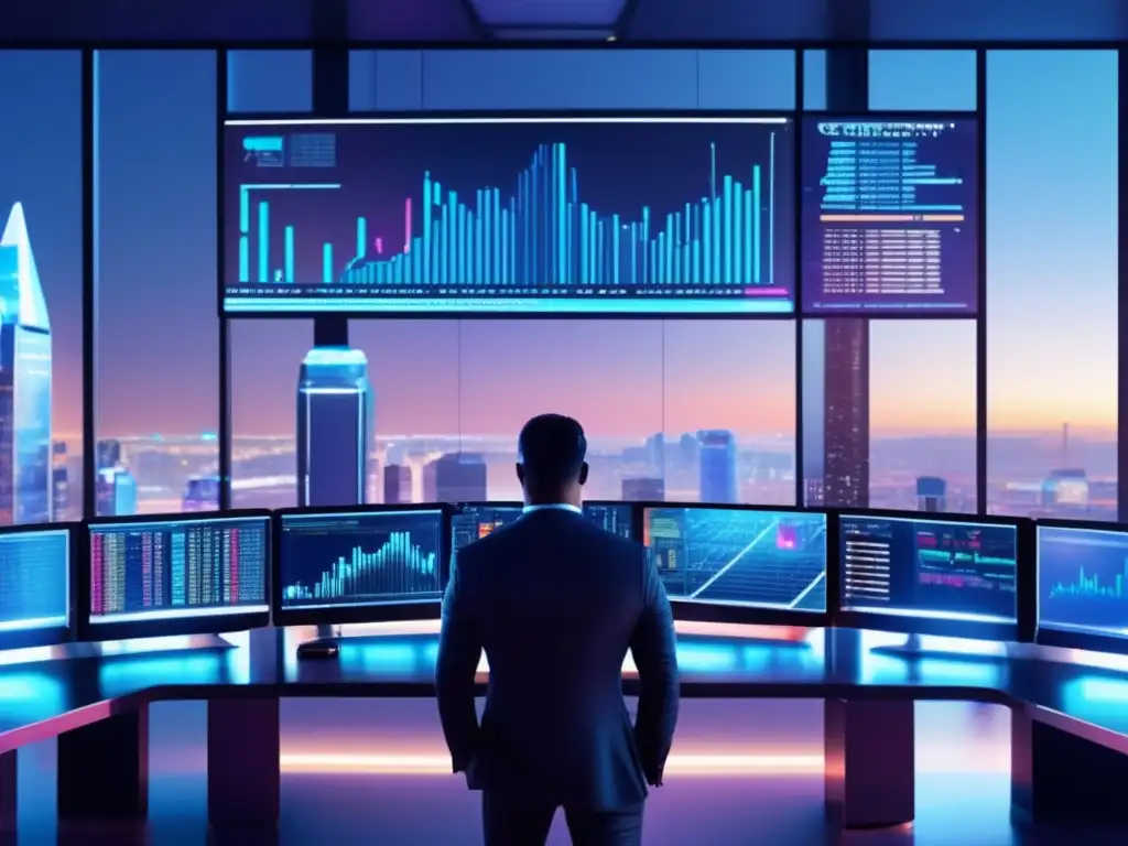 Elegante sala de trading futurista con pantallas de criptomonedas Beneficios de invertir en criptomonedas con bots: Futurista trading floor con traders, IA y datos en tiempo real