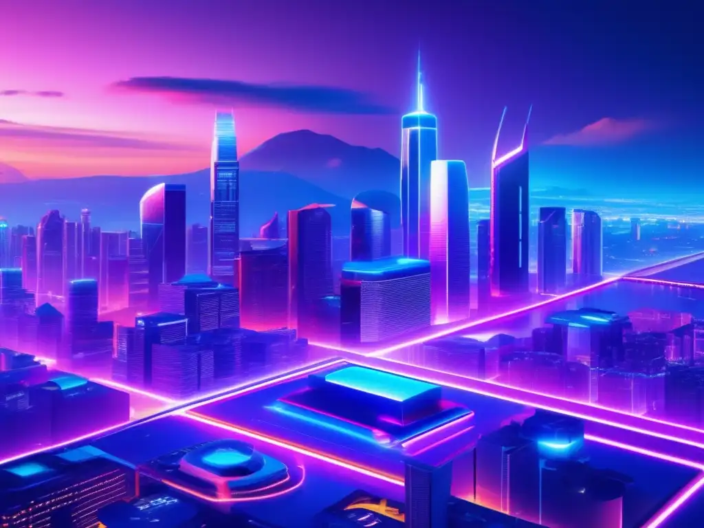 Ciudad futurista con tecnología y criptomonedas Beneficios de invertir en criptomonedas: Futurista ciudad con rascacielos, tecnología avanzada y luces de neón