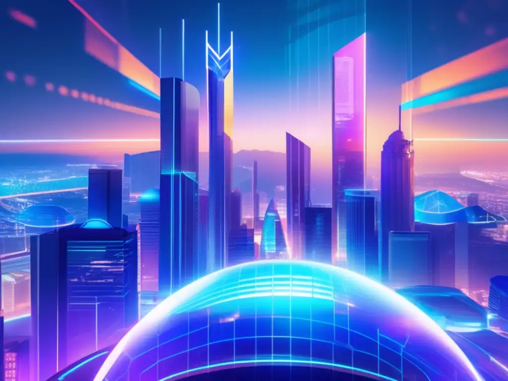 Ciudad futurista con staking y gobierno Beneficios staking en criptomonedas: Futurista ciudad holográfica, transparencia, colaboración comunitaria