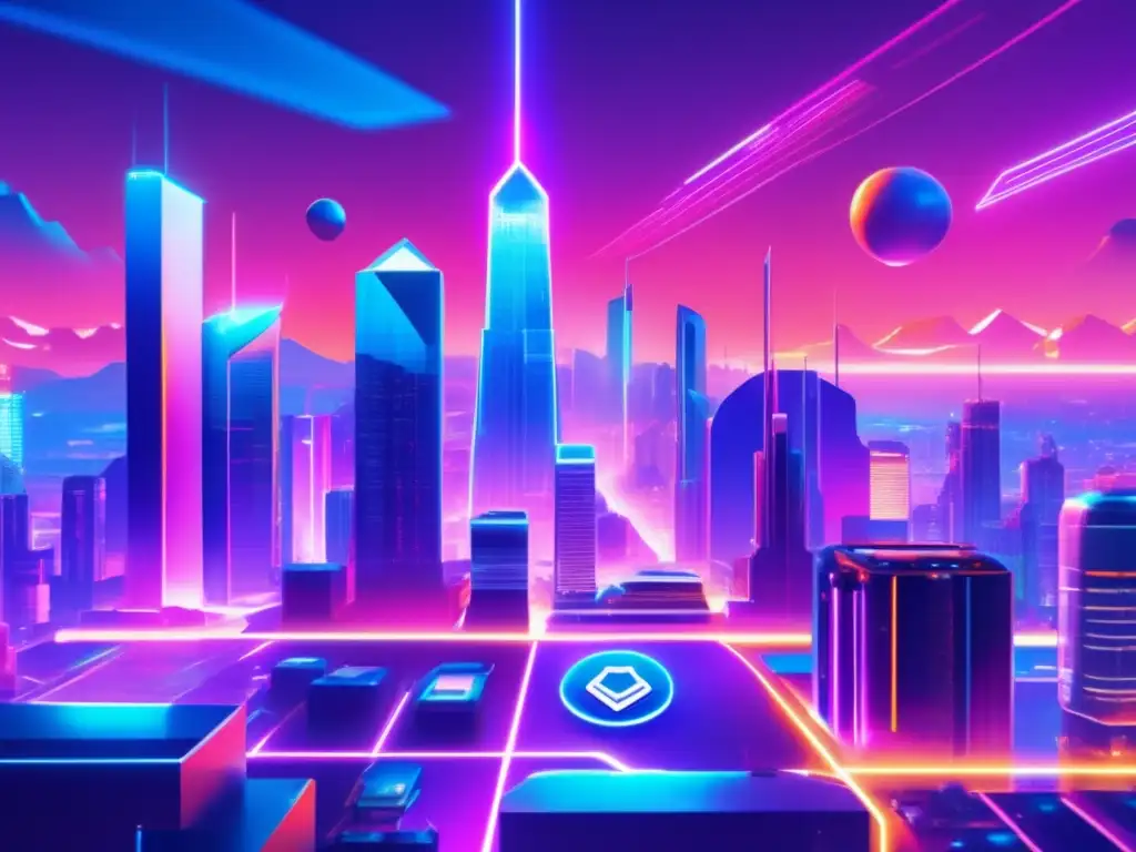 Futuro ciudad holográfica con criptomonedas Beneficios de criptomonedas PoS en futurista ciudad con hologramas, edificios de vidrio y acero, y mineros en acción