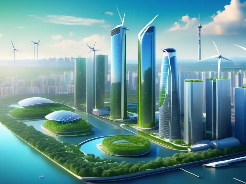 Ciudad futurista con energía verde Beneficios crowdfunding en energías renovables + ciudad futurista con rascacielos verdes y energía sostenible