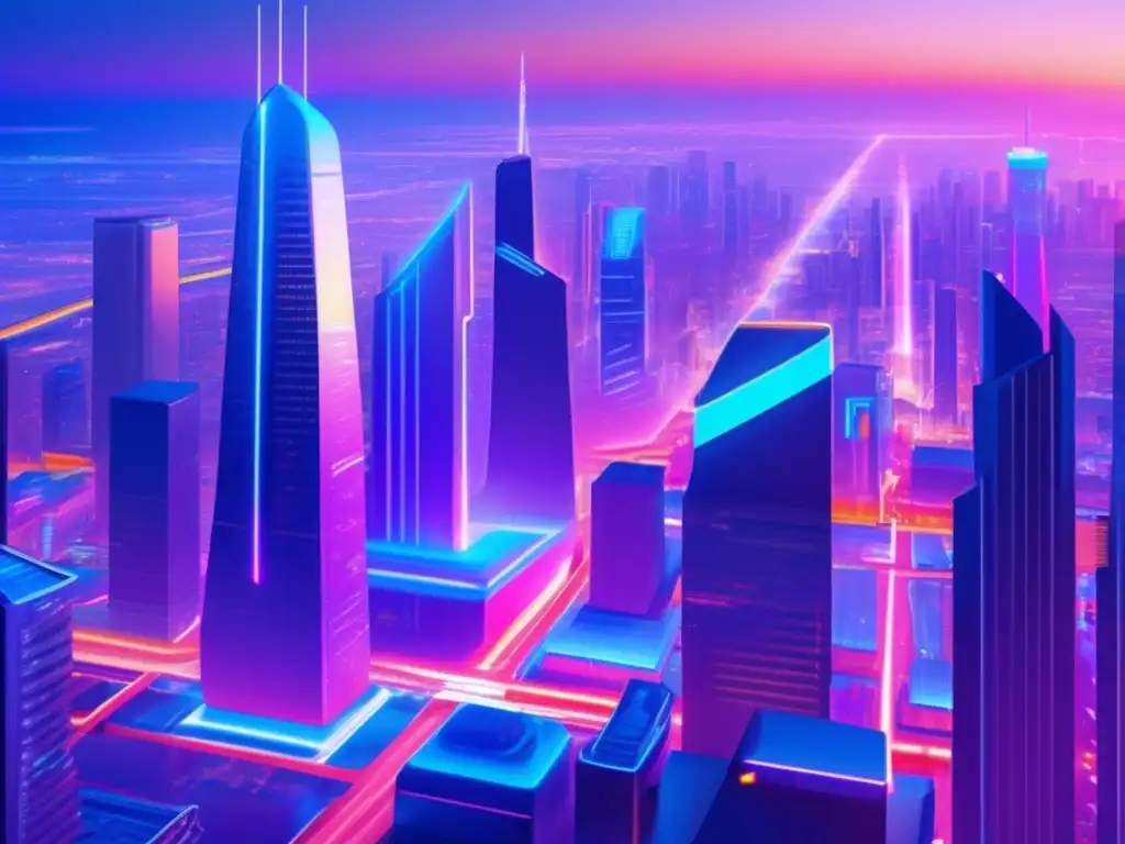 Ciudad futurista: Crowdfunding para startups innovadoras Beneficios crowdfunding: ciudad futurista con rascacielos, luces neón, coches voladores y anuncios holográficos