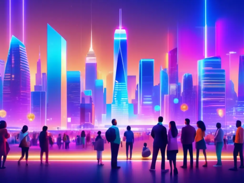 Ciudad nocturna vibrante con hologramas y diversidad Beneficios del crowdfunding en inversiones: Ciudad nocturna vibrante con personas diversas emocionadas por proyectos innovadores