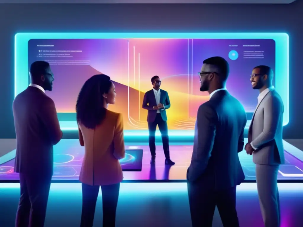 Grupo diverso analizando proyectos de crowdfunding Beneficios del crowdfunding en inversiones - Grupo diverso analiza y discute proyectos en pantalla holográfica futurista